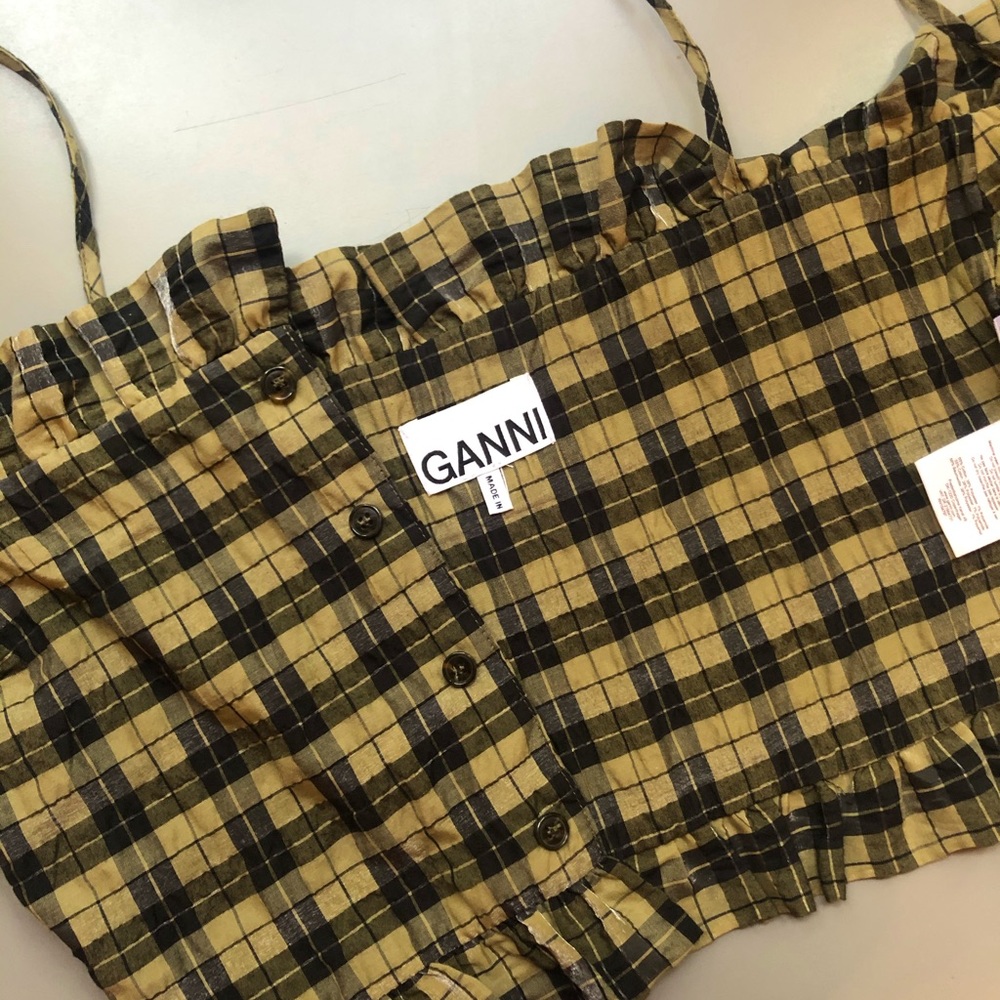 GANNI seersucker check top; aloe; size 34